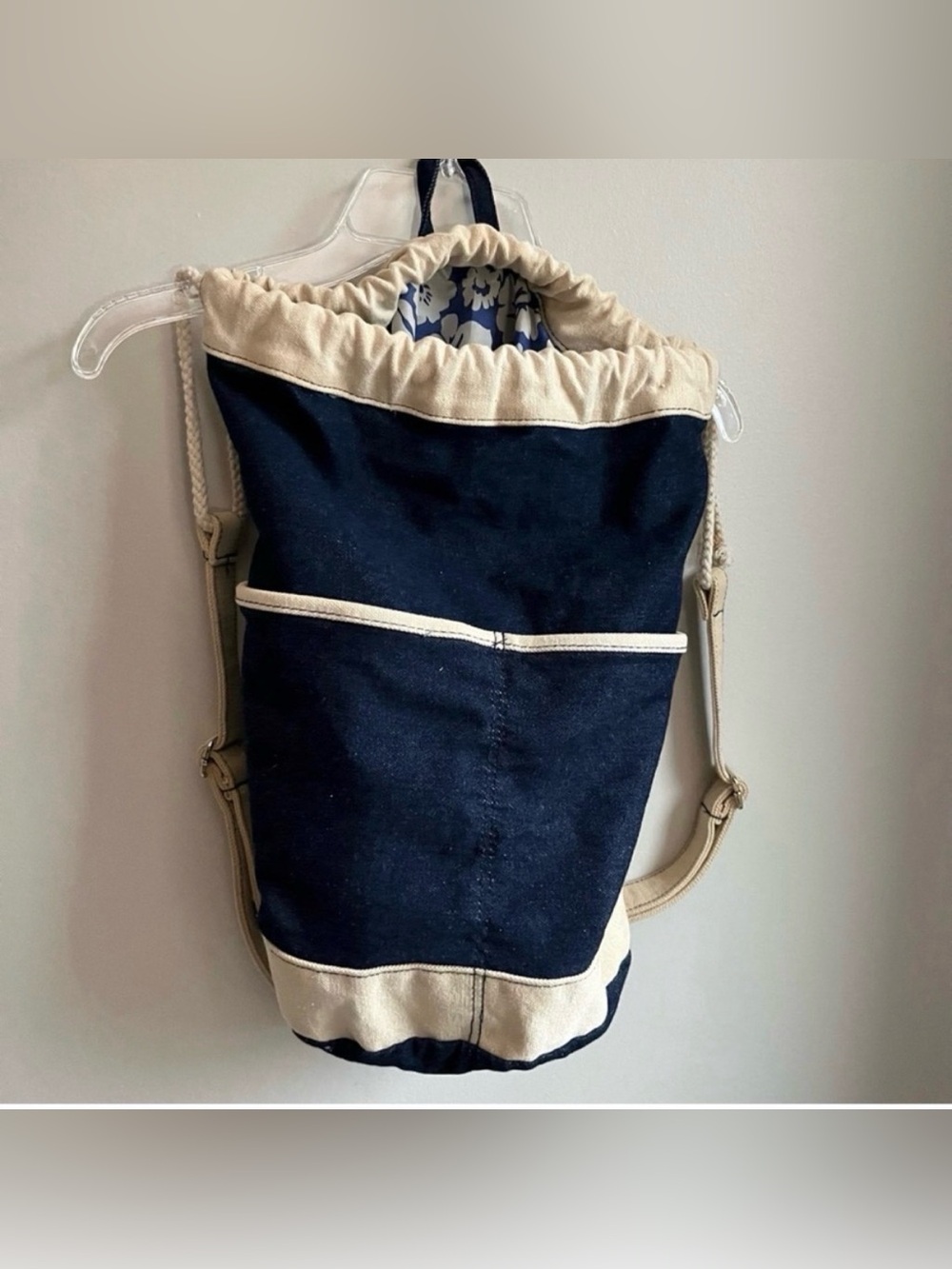 Unbranded Blue Denim Unisex Medium Backpack Cream Straps Trim Zip Pouch Included